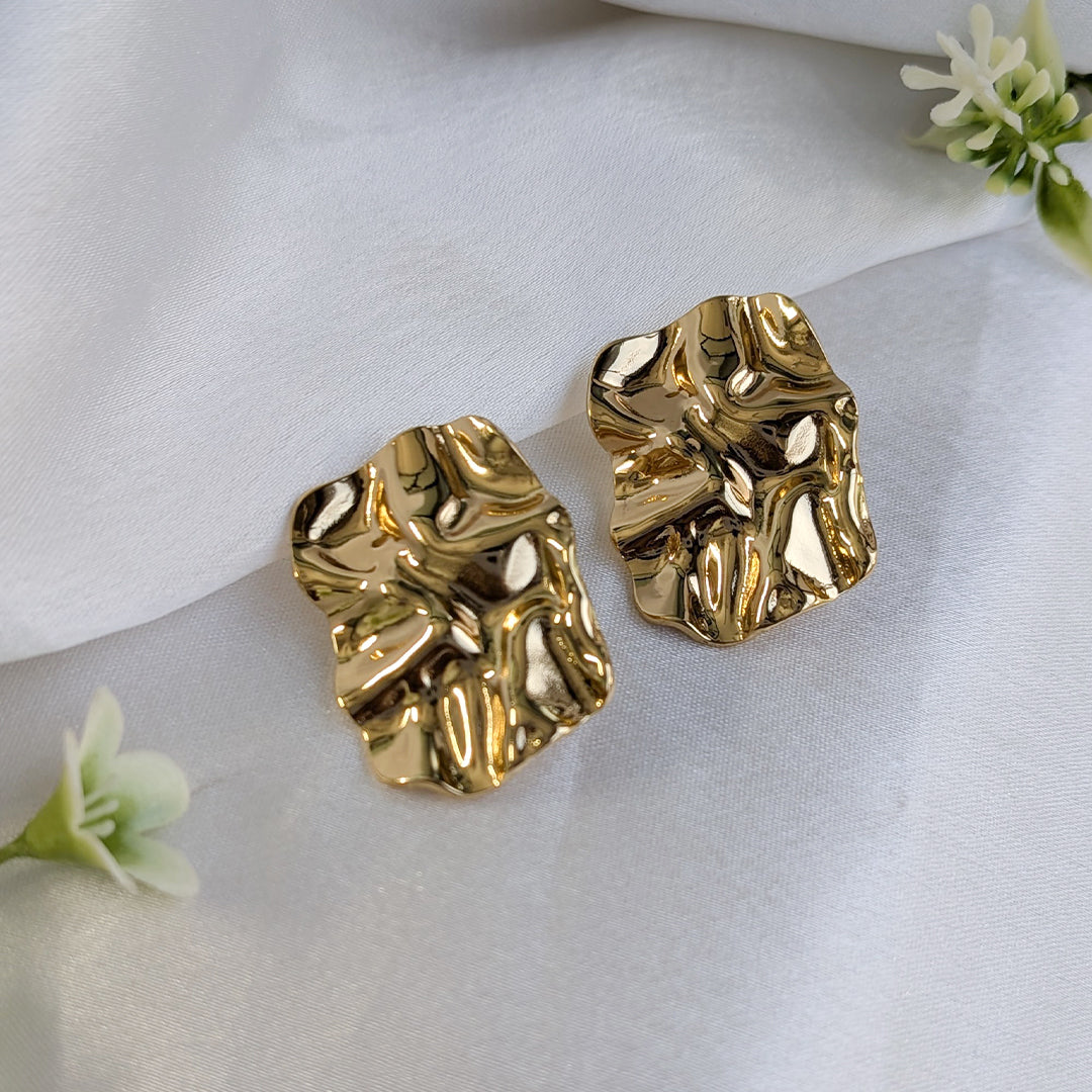 Gold Finish Crumpled Abstract Textured Stud Earrings For Girls & Women (Anti Tarnish)