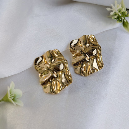 Gold Finish Crumpled Abstract Textured Stud Earrings For Girls & Women (Anti Tarnish)