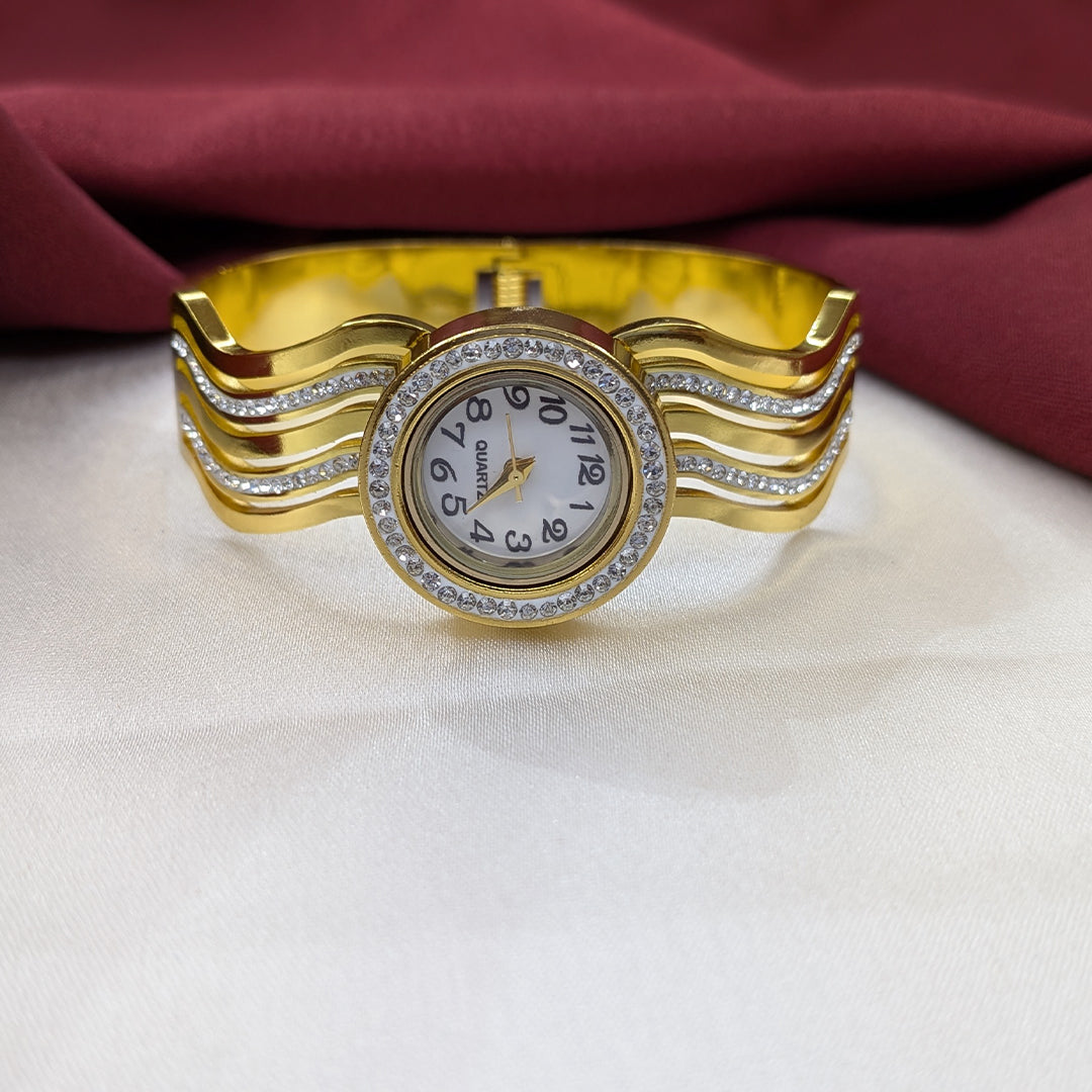 Elegant Analog AD Studded Wavy Dual Stones Lines Band Bracelet Watch For Girls & Women