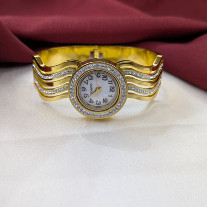 Elegant Analog AD Studded Wavy Dual Stones Lines Band Bracelet Watch For Girls & Women