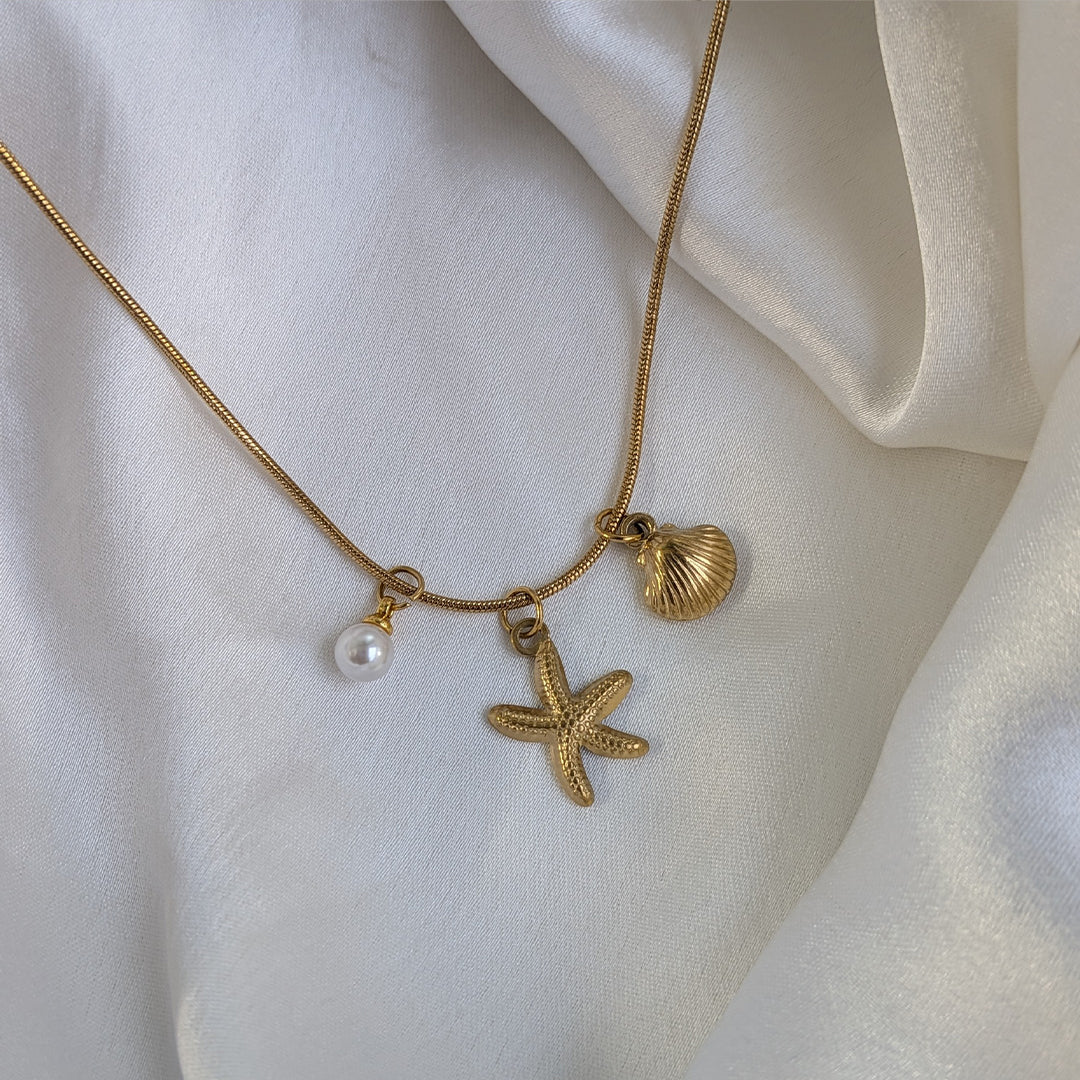 Gold Plated Sea Charm with Pearl, Starfish & Shell Pendants For Girls & Women