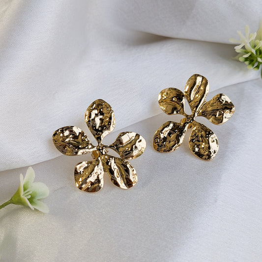 Gold Tone Textured Flower Stud Earrings For Girls & Women (Anti-Tarnish)