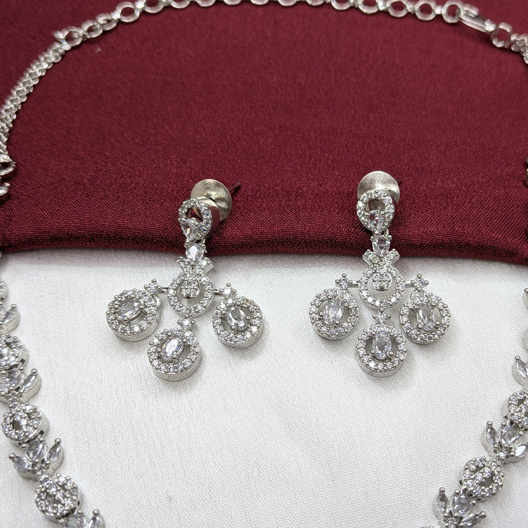 Silver Tone American Diamond Circular Drop Necklace Set with Matching Earrings