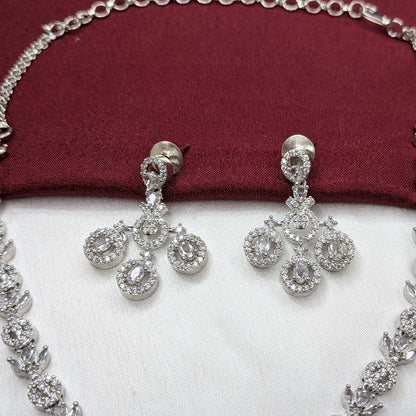 Silver Tone American Diamond Circular Drop Necklace Set with Matching Earrings