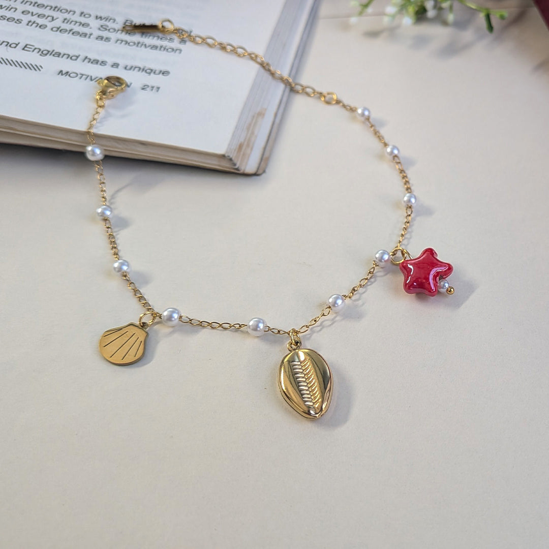 Gold Tone Pearl Beaded Sea Shell & Star Charm Anklet For Girls & Women