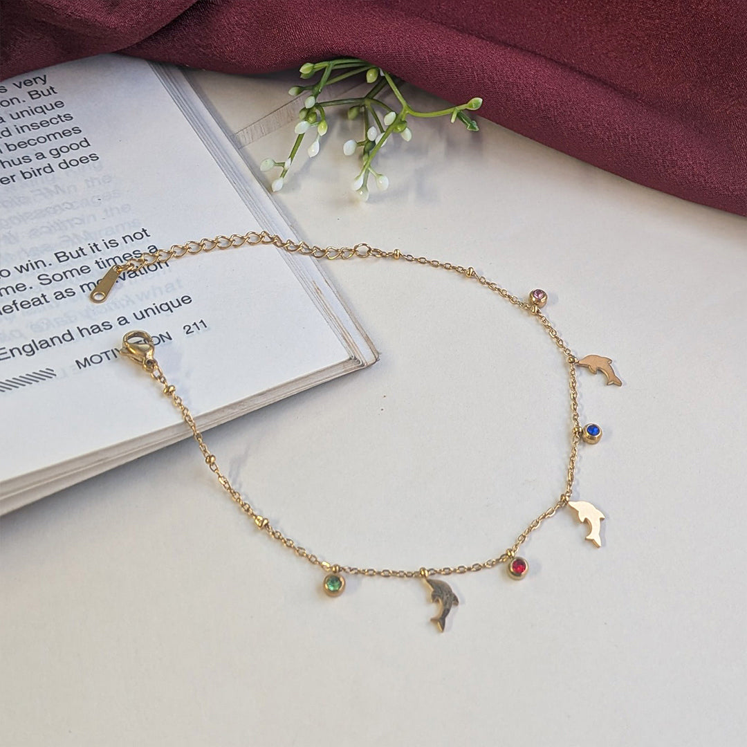 Golden Stainless Steel Dolphin Anklet With Stone Accents For Girls & Women