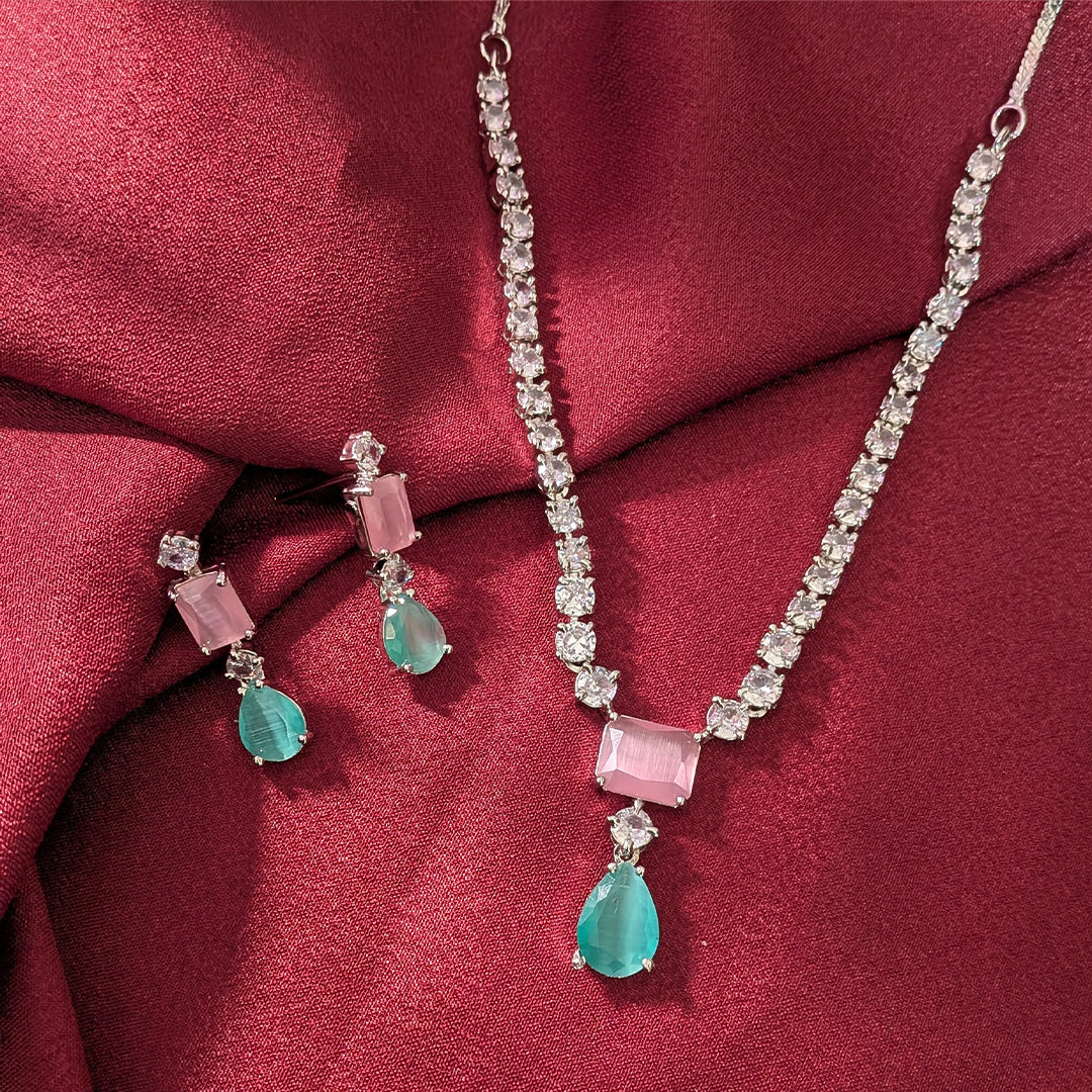 Silver Finish Classic Rectangular & Teardrop Stone Jewellery Set For Women