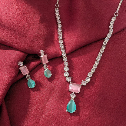 Silver Finish Classic Rectangular & Teardrop Stone Jewellery Set For Women