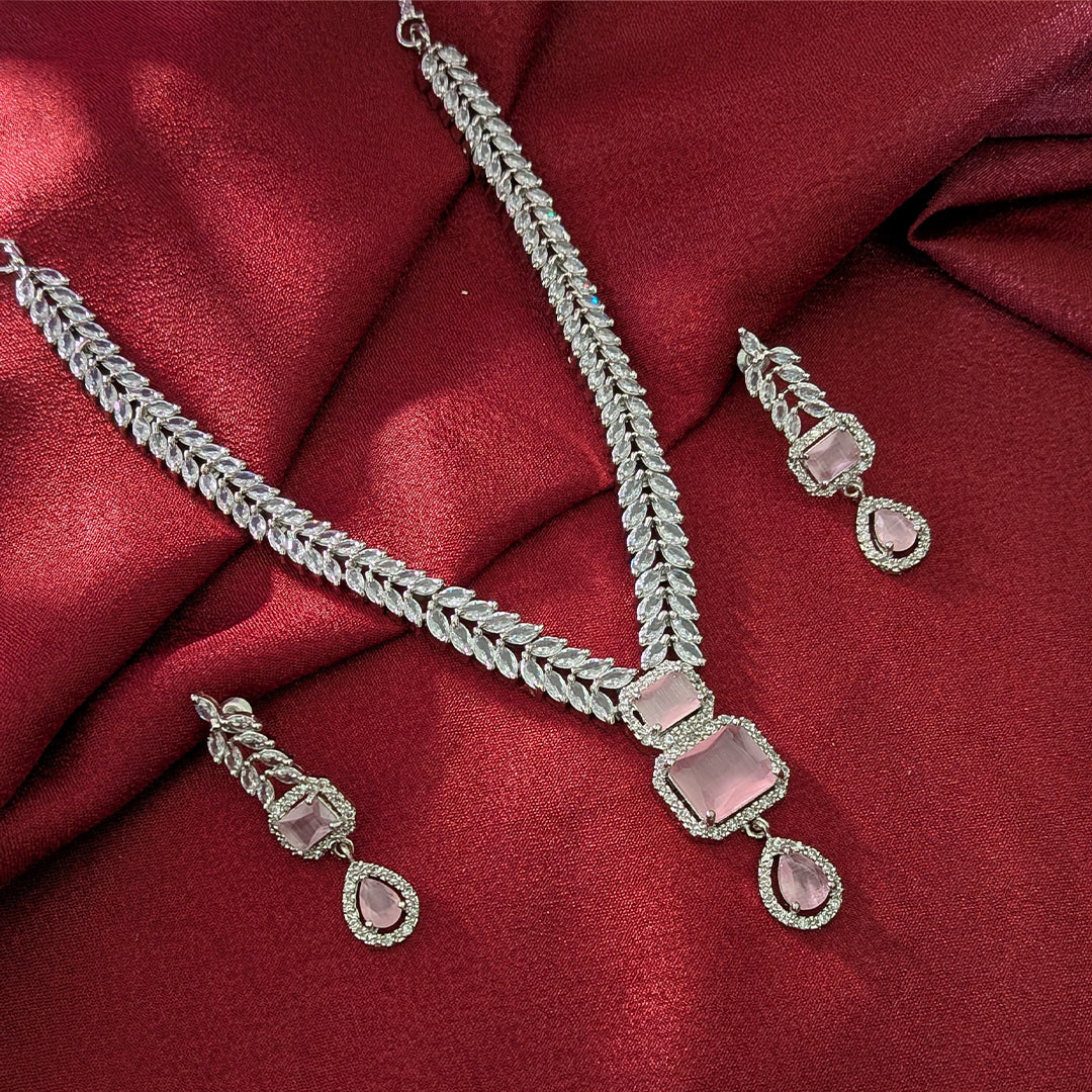 AD Luxe Square & Teardrop Gemstone Necklace With Matching Earrings For Women