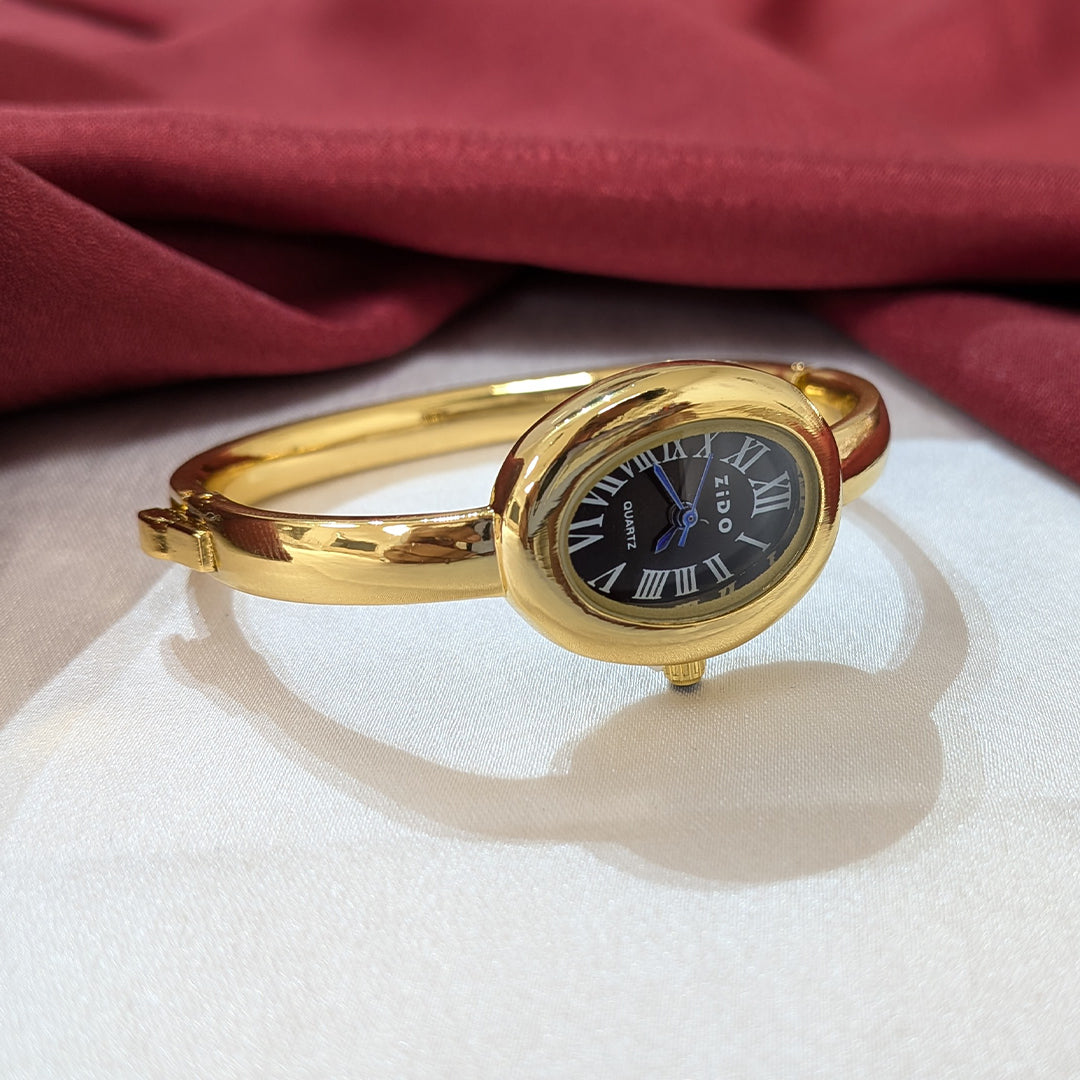 Elegant Oval Dial Analog Watch with Gold Tone Band Bracelet for Girls & Women