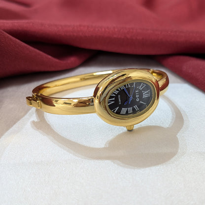 Elegant Oval Dial Analog Watch with Gold Tone Band Bracelet for Girls & Women