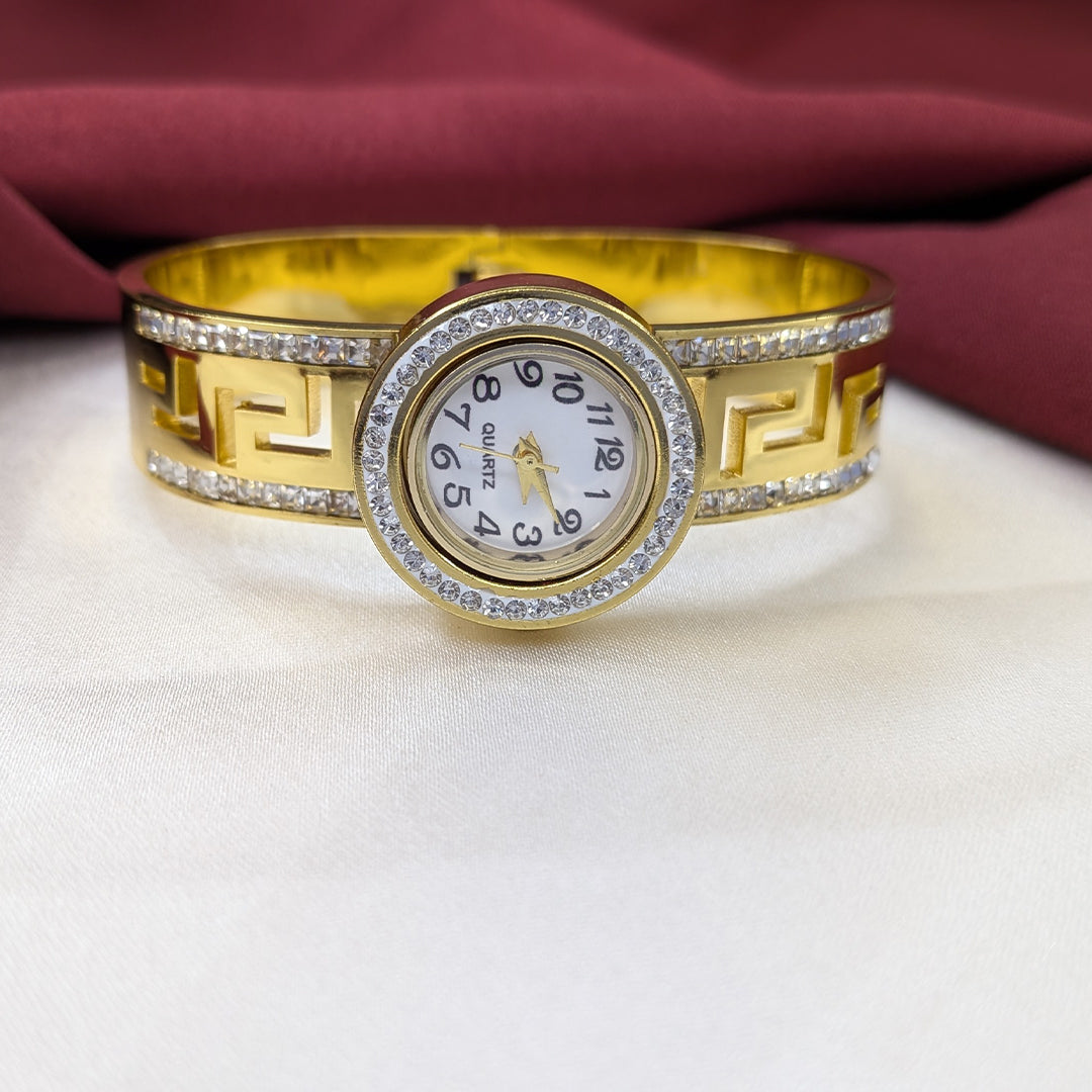 Luxury Analog AD Studded Geometric Dual Lines Design Band Bracelet Watch For Girls & Women