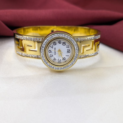 Luxury Analog AD Studded Geometric Dual Lines Design Band Bracelet Watch For Girls & Women