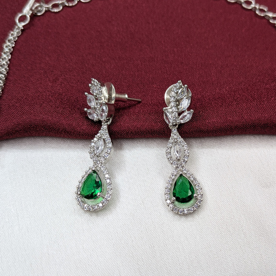 American Diamond Teardrop Green Stone Necklace Set with Matching Earrings