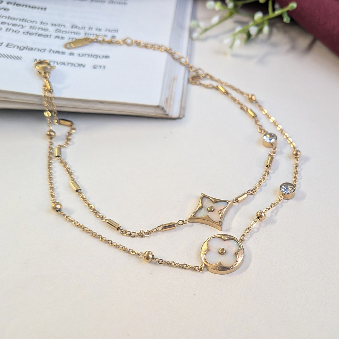 Gold Finish Clover & Star Layered Anklet For Girls & Women
