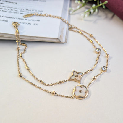 Gold Finish Clover & Star Layered Anklet For Girls & Women