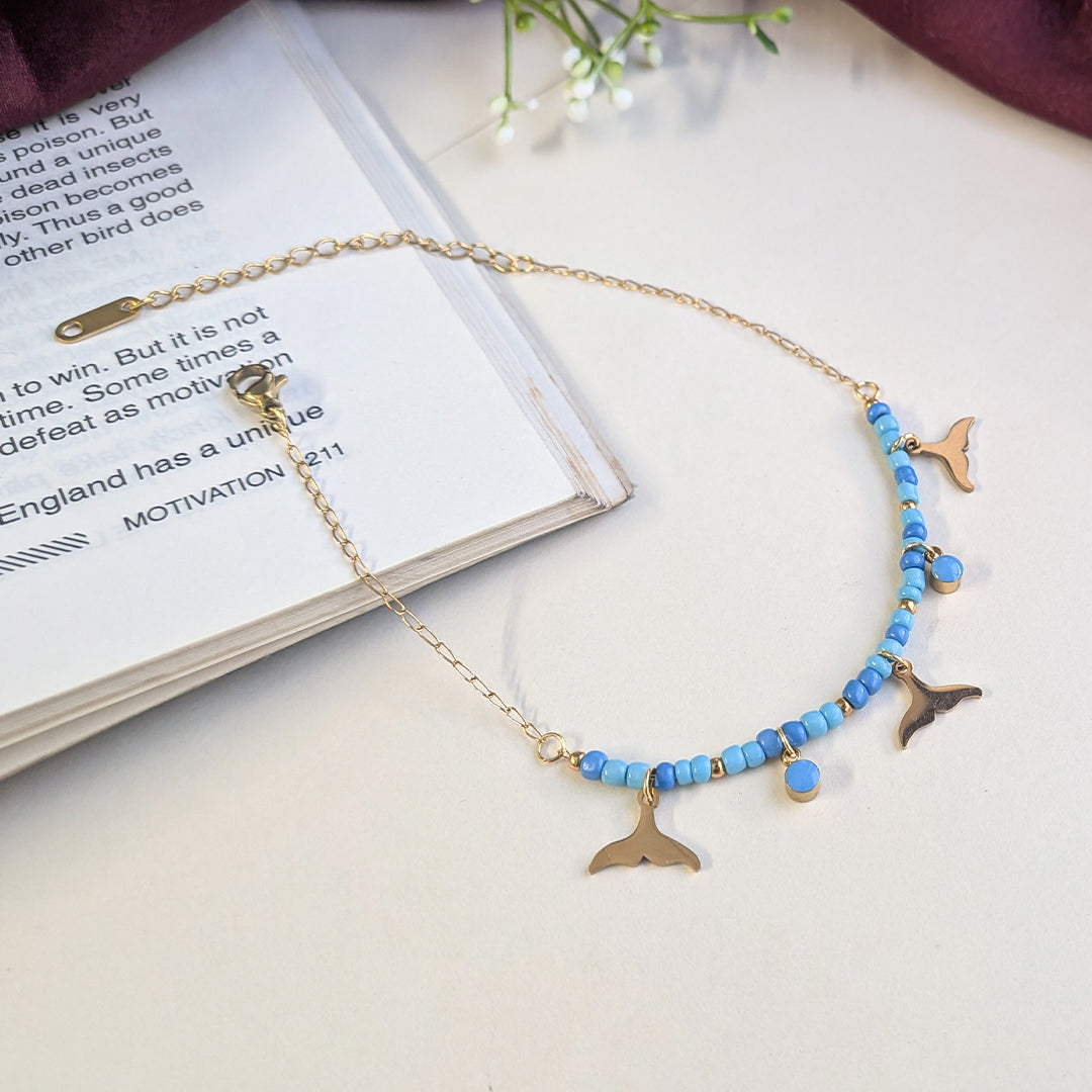 Gold Tone Blue Beaded Mermaid Tail Anklet For Girls & Women