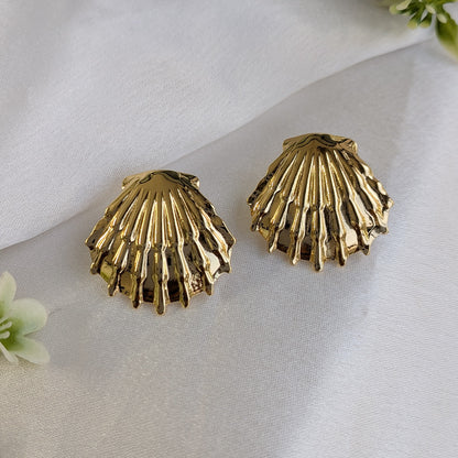 Gold Plated Shell Design Statement Stud Earrings For Girls & Women (Anti Tarnish)