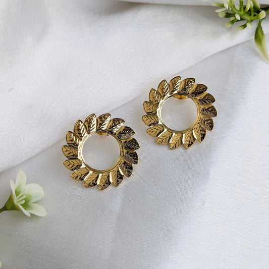 Gold Tone Leaf Circle Stud Earrings For Girls & Women (Anti-Tarnish)