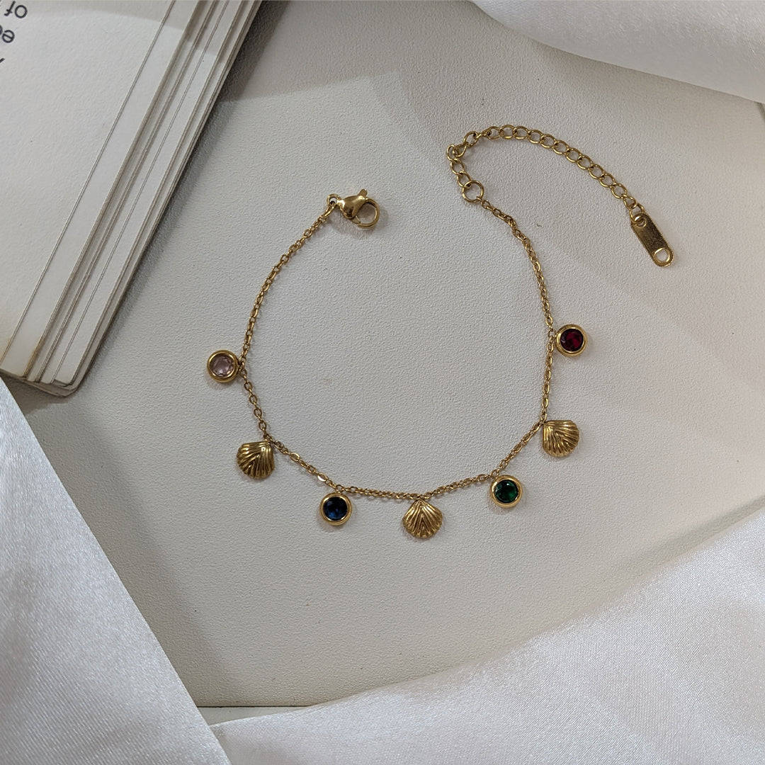 Gold Finish Multi-Stone & Textured Shell Charm Bracelet For Girls & Women (Anti-Tarnish)
