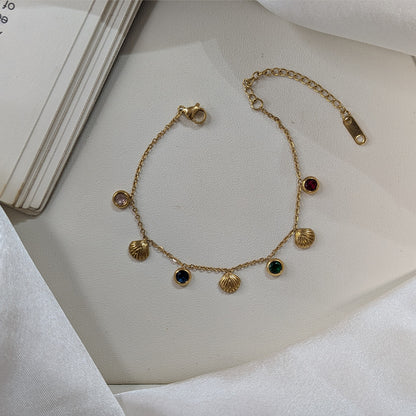 Gold Finish Multi-Stone & Textured Shell Charm Bracelet For Girls & Women (Anti-Tarnish)