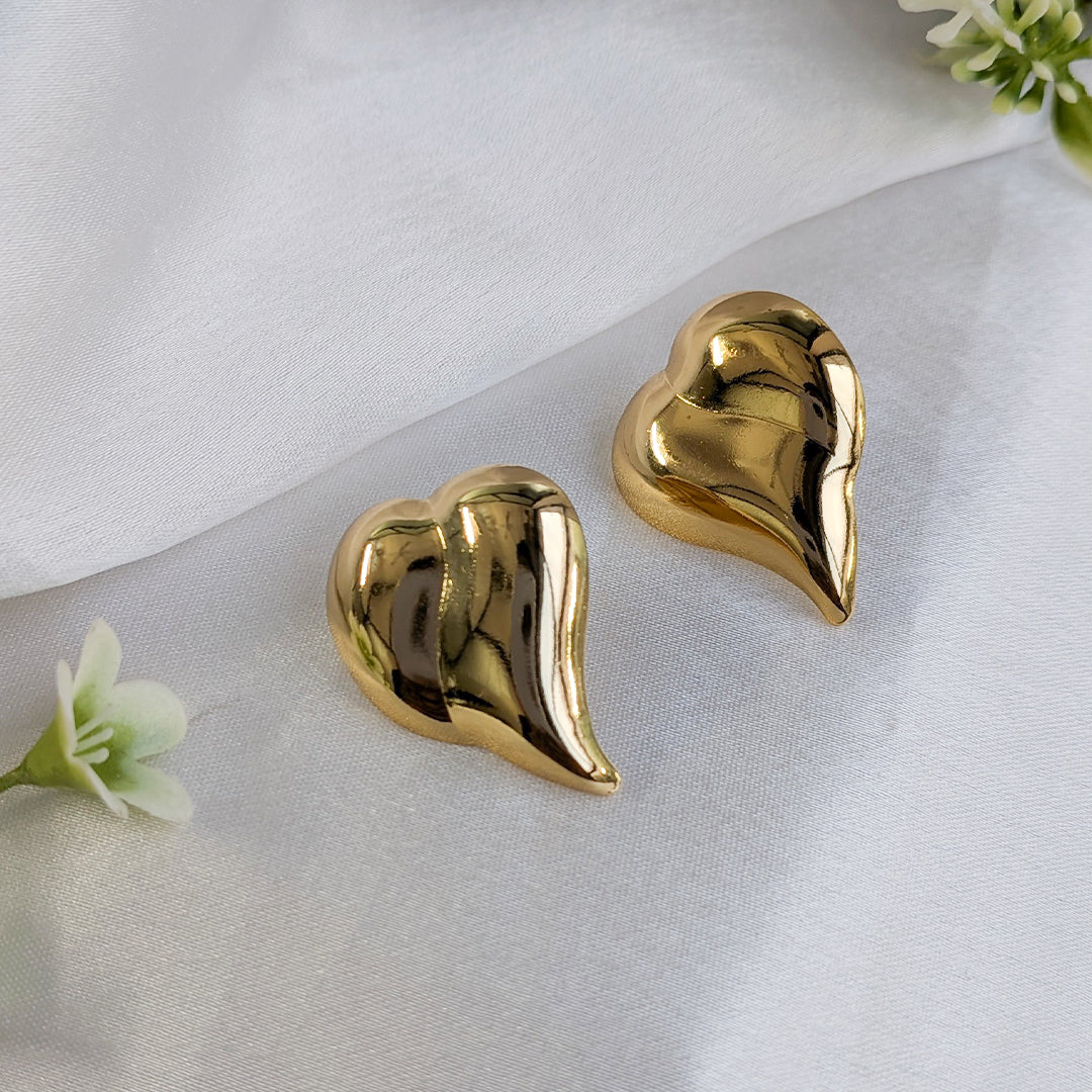 Gold Tone Puffy Heart Stud Earrings For Girls & Women (Anti-Tarnish)