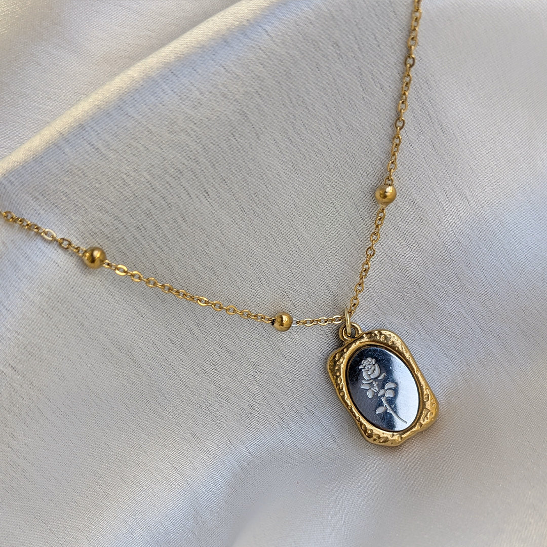 Gold Plated Rose Engraved Rectangle Pendant For Girls & Women