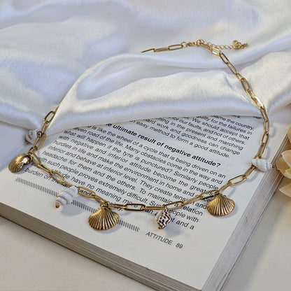 Gold Finish Beach Style Chain Necklace With Seashell & Pearl Charms For Girls & Women