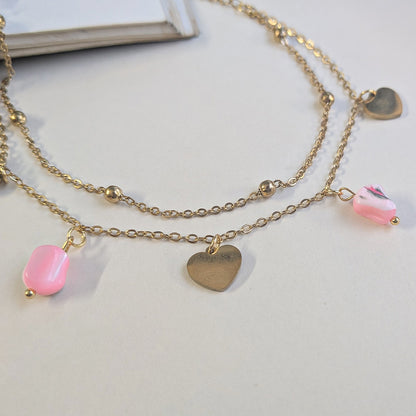 Gold Finish double Layered Heart & Pink Stone Anklet For Women