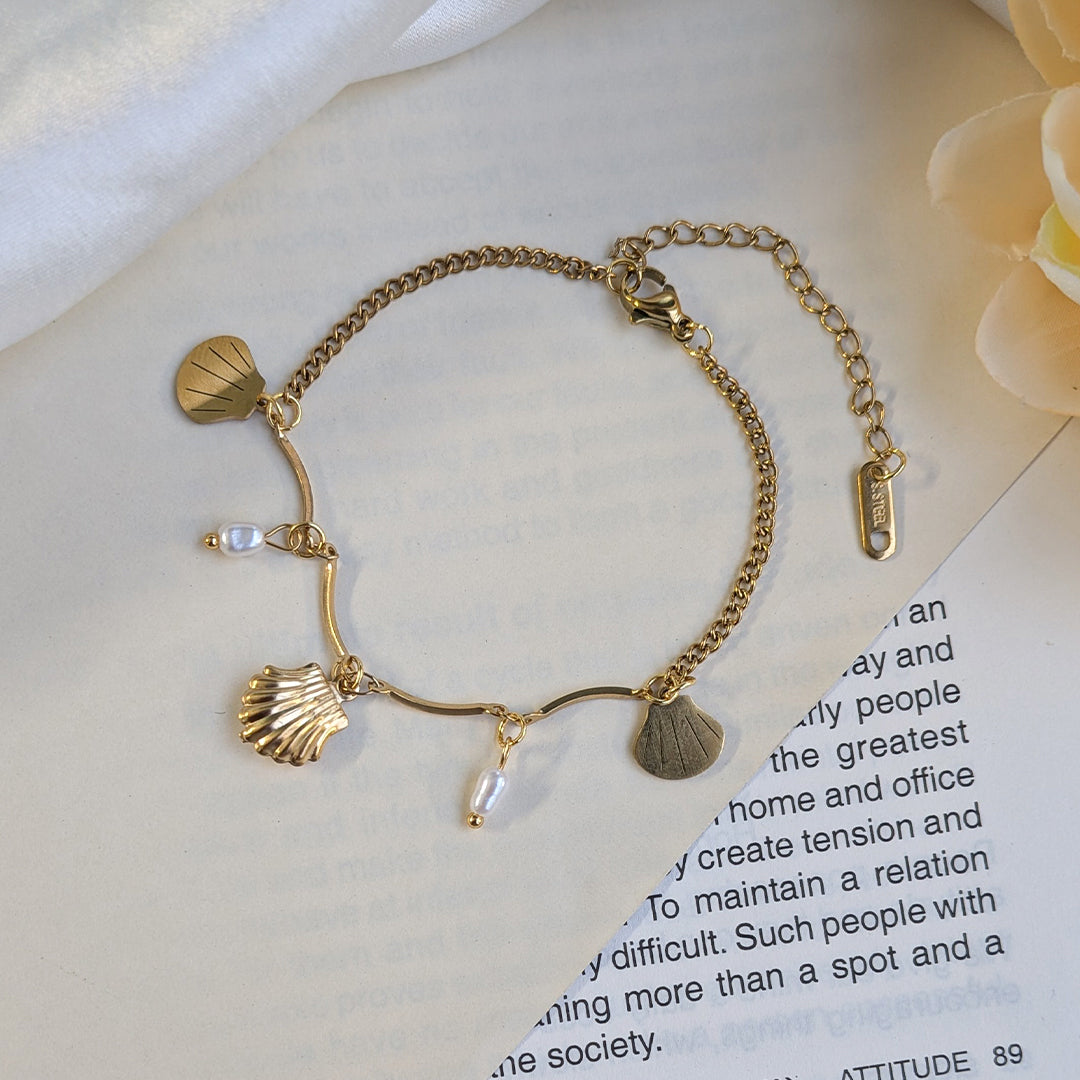 Gold Plated Elegant Shell & Freshwater Pearl Charm Bracelet For Girls & Women