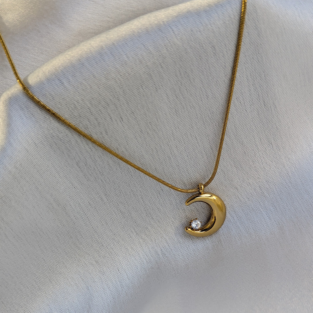 Gold Plated Crescent Moon Zircon Pendant For Girls & Women
