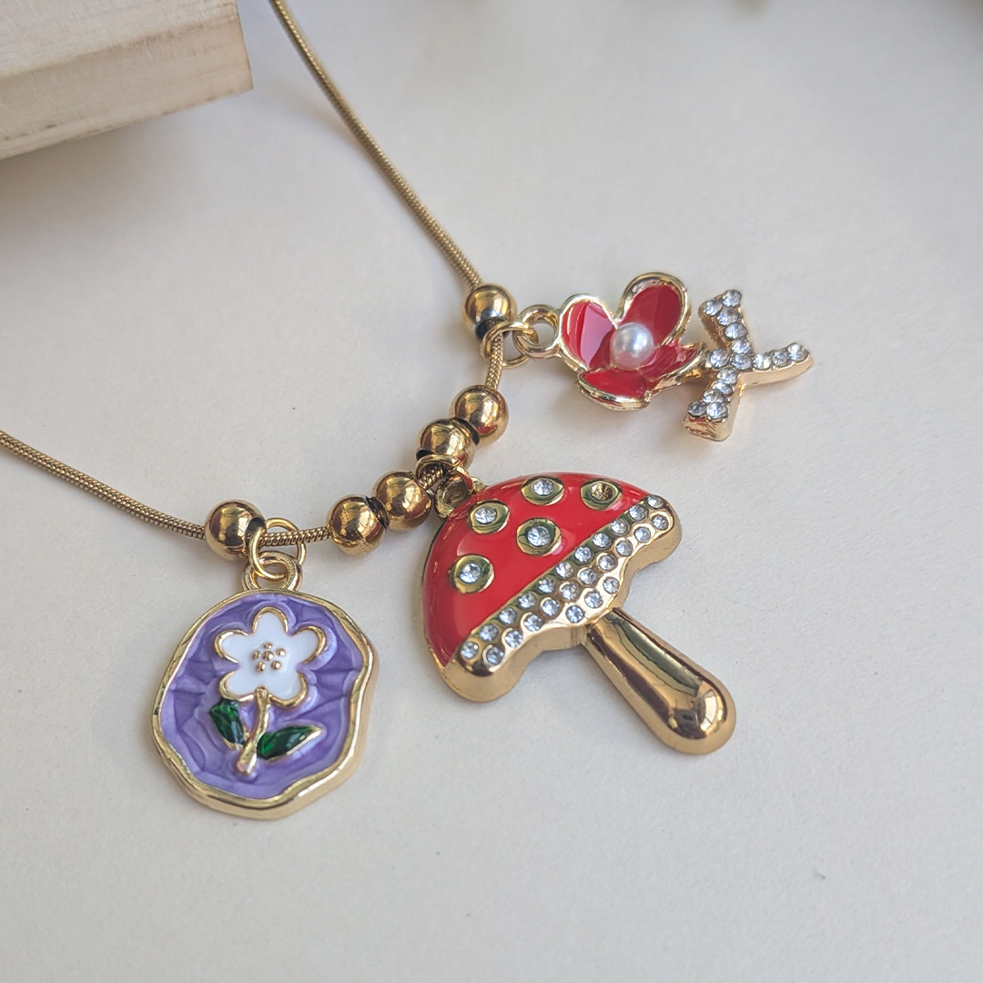 Gold Plated Enamel Mushroom, Floral & Pearl Charm Pendant For Girls & Women