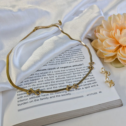 Gold Finish Bow Charm Necklace With Earnings For Girls & Women