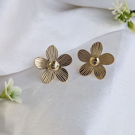Glossy Textured Gold Finish Floral Stud Earrings For Girls & Women (Anti Tarnish)