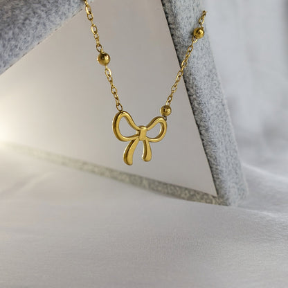 18k Gold Plated Bow Pendant with Beaded Chain for Women & Girls