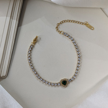 Gold Finish Green Heart Crystal Tennis Bracelet For Girls & Women (Anti-Tarnish)