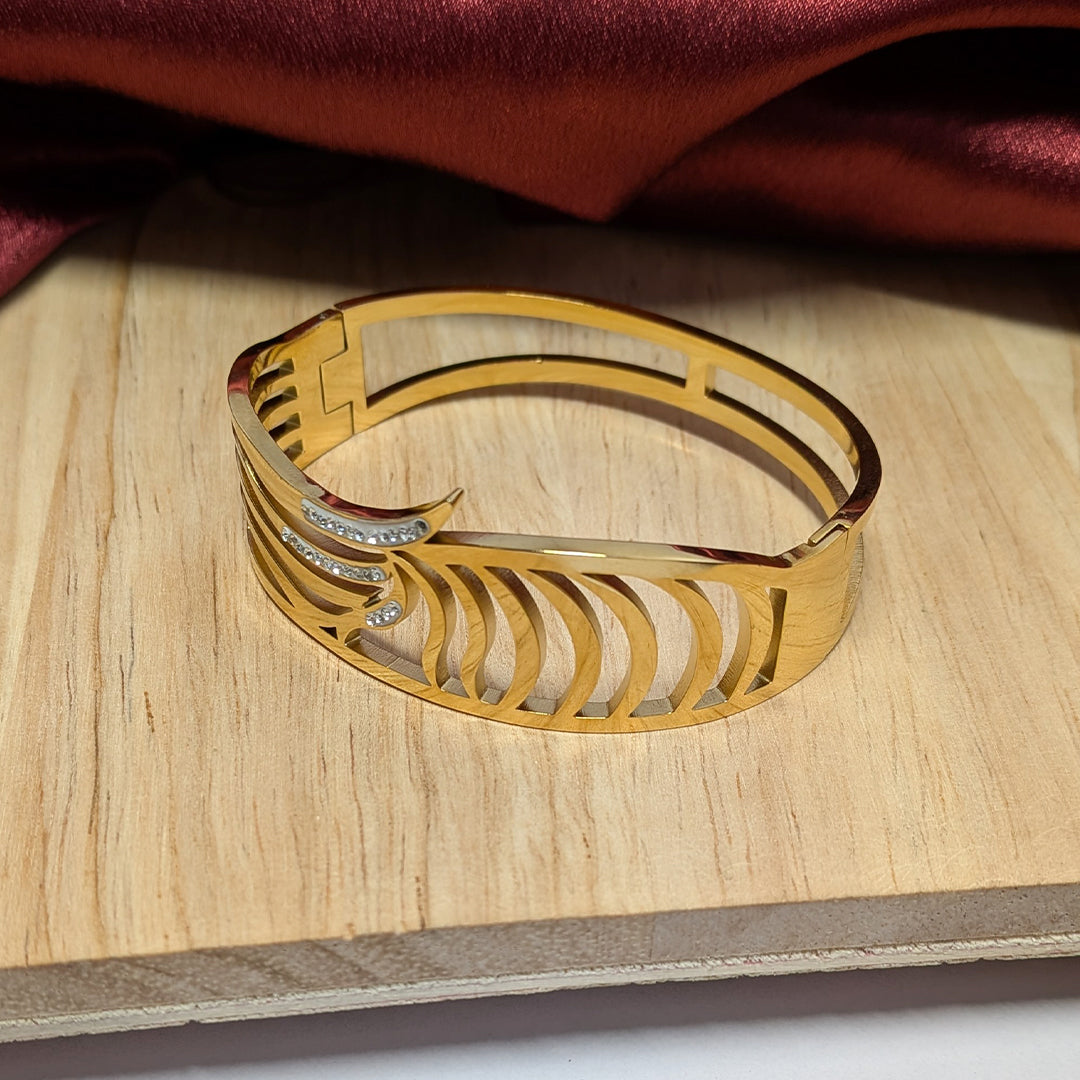 Gold Plated Leaf Design Open Cuff Bracelet with AD Stones for Women & Girls