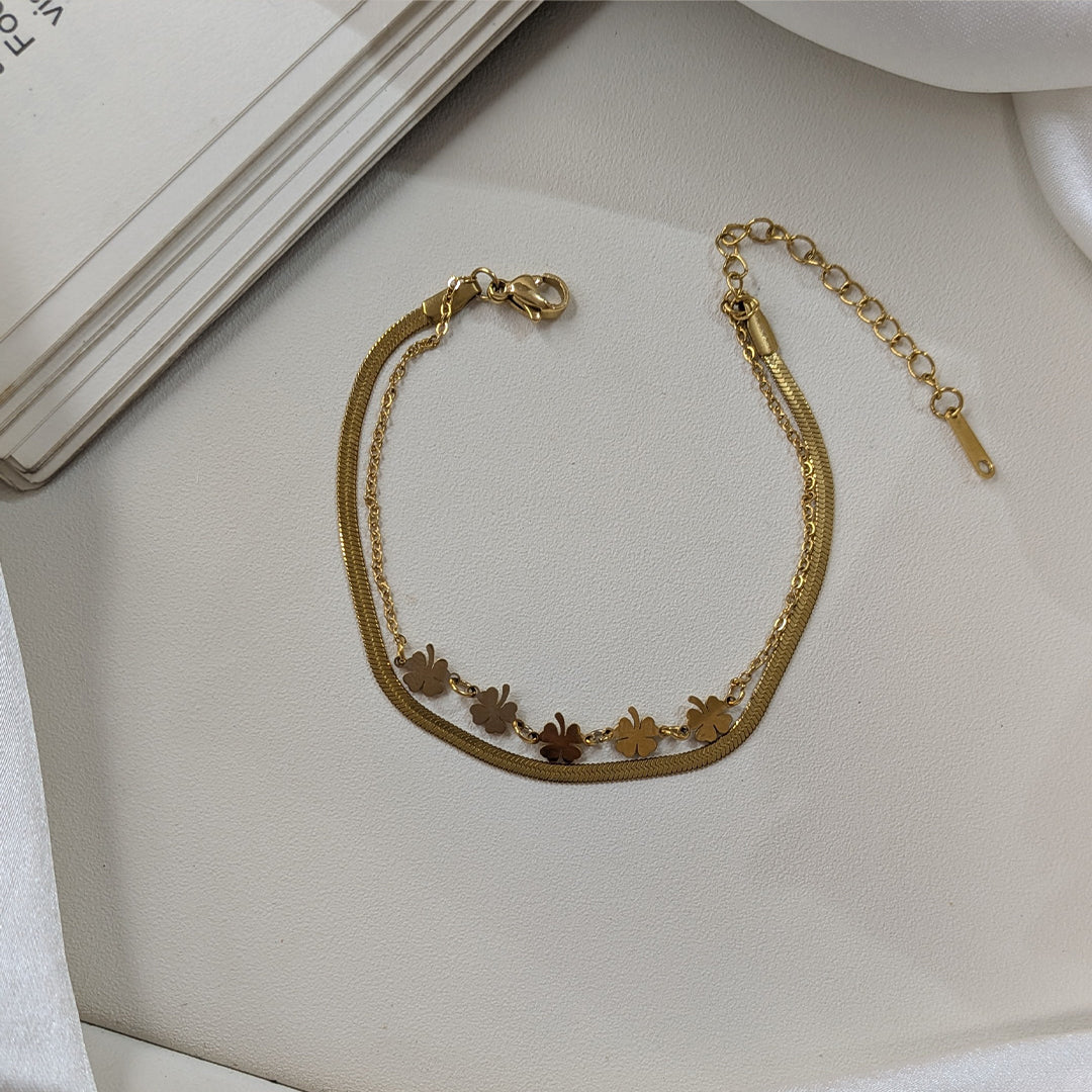 Gold Finish Dual Layered Lucky Clover & Flat Snake Chain Bracelet For Girls & Women (Anti-Tarnish)