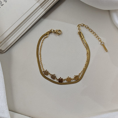 Gold Finish Dual Layered Lucky Clover & Flat Snake Chain Bracelet For Girls & Women (Anti-Tarnish)