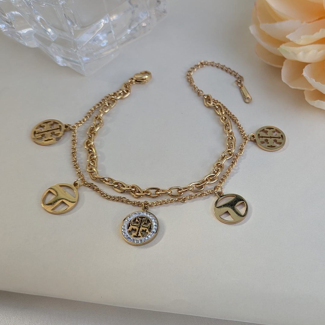 Gold Plated Dual Layer Logo Charm Bracelet For Girls & Women