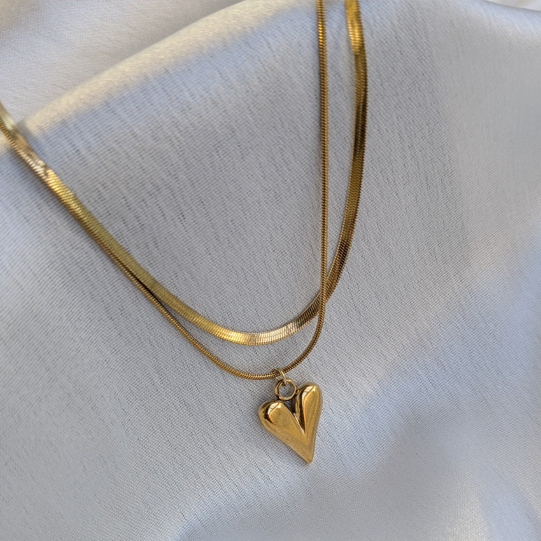 Gold Plated Double Layer Snake Chain Puffy Heart Pendant For Girls & Women