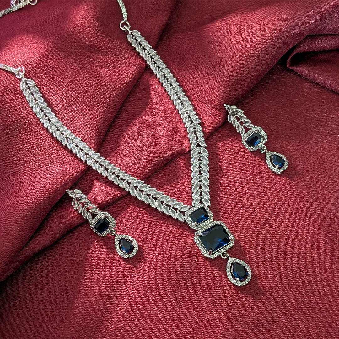 AD Luxe Square & Teardrop Gemstone Necklace With Matching Earrings For Women