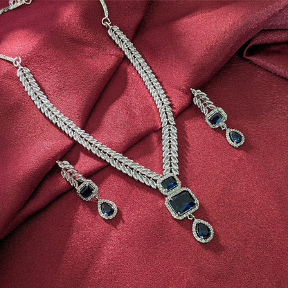 AD Luxe Square & Teardrop Gemstone Necklace With Matching Earrings For Women