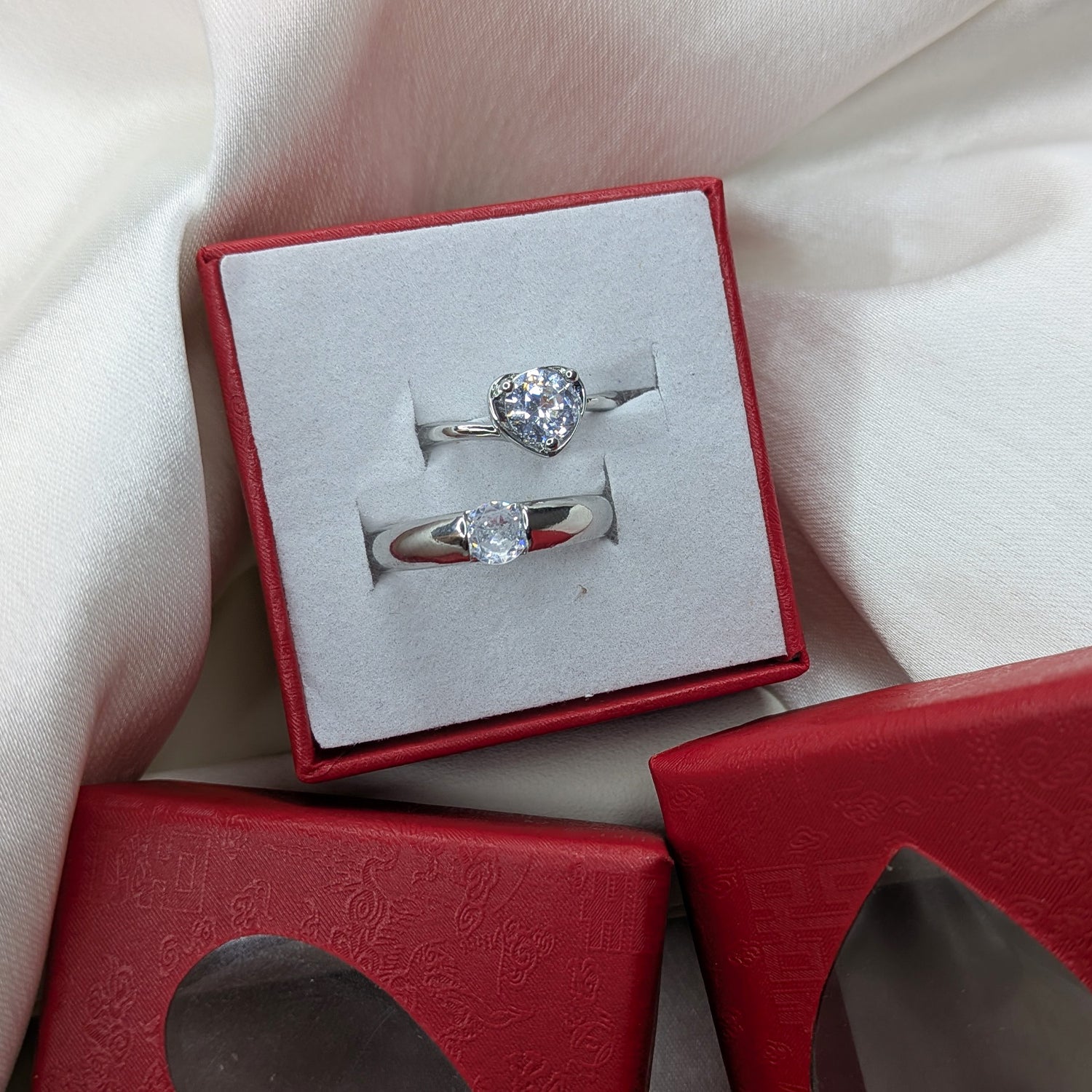 Heart & Solitaire Couple Ring Set with American Diamond