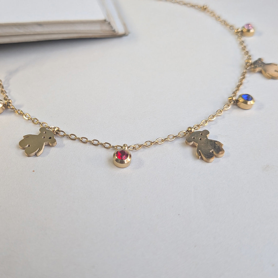Gold Tone Anti Tarnish Teddy Bear Anklet with Colorful Stone For Girls & Women