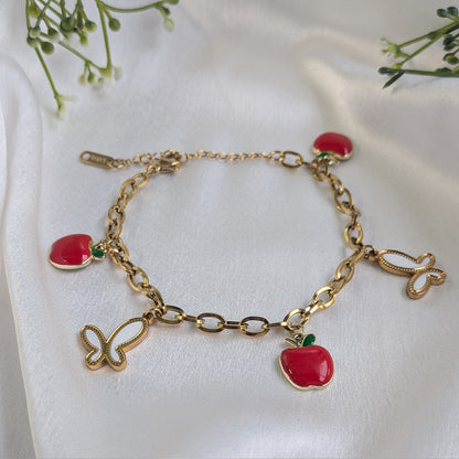 18 K Gold Plated Apple Blossom Butterfly Charm Chain Bracelet (Anti Tarnish)