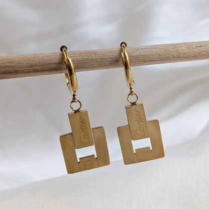 Gold Tone Brand Inspired Square Lock Drop Earrings for Girls & Women