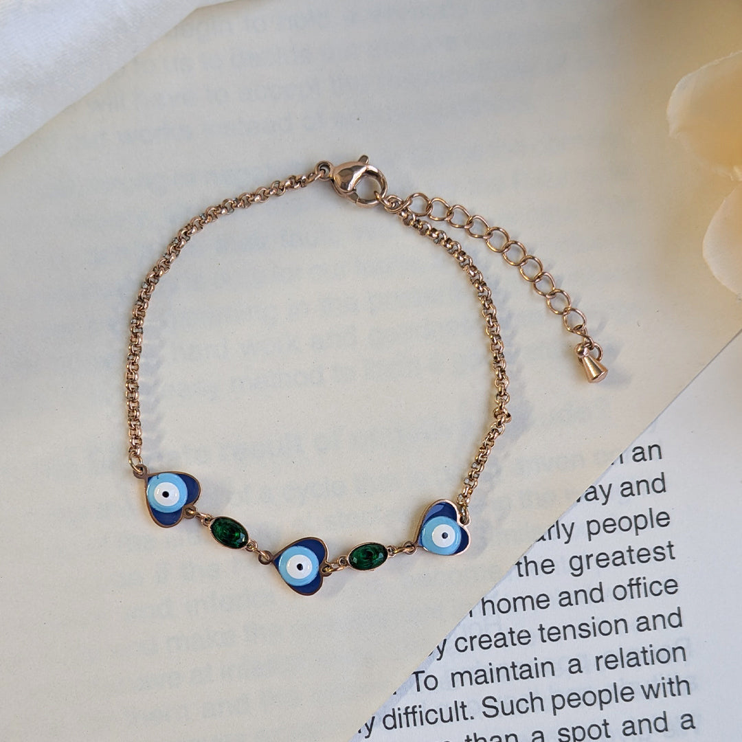 Gold Tone Heart Shaped Evil Eye Bracelet With Green Stone Accent For Girls & Women