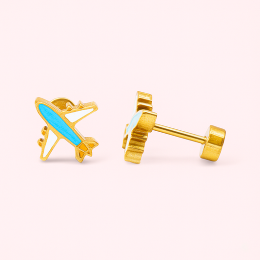 18K Gold Plated Blue Airplane Stud Earrings (Anti-Tarnish)