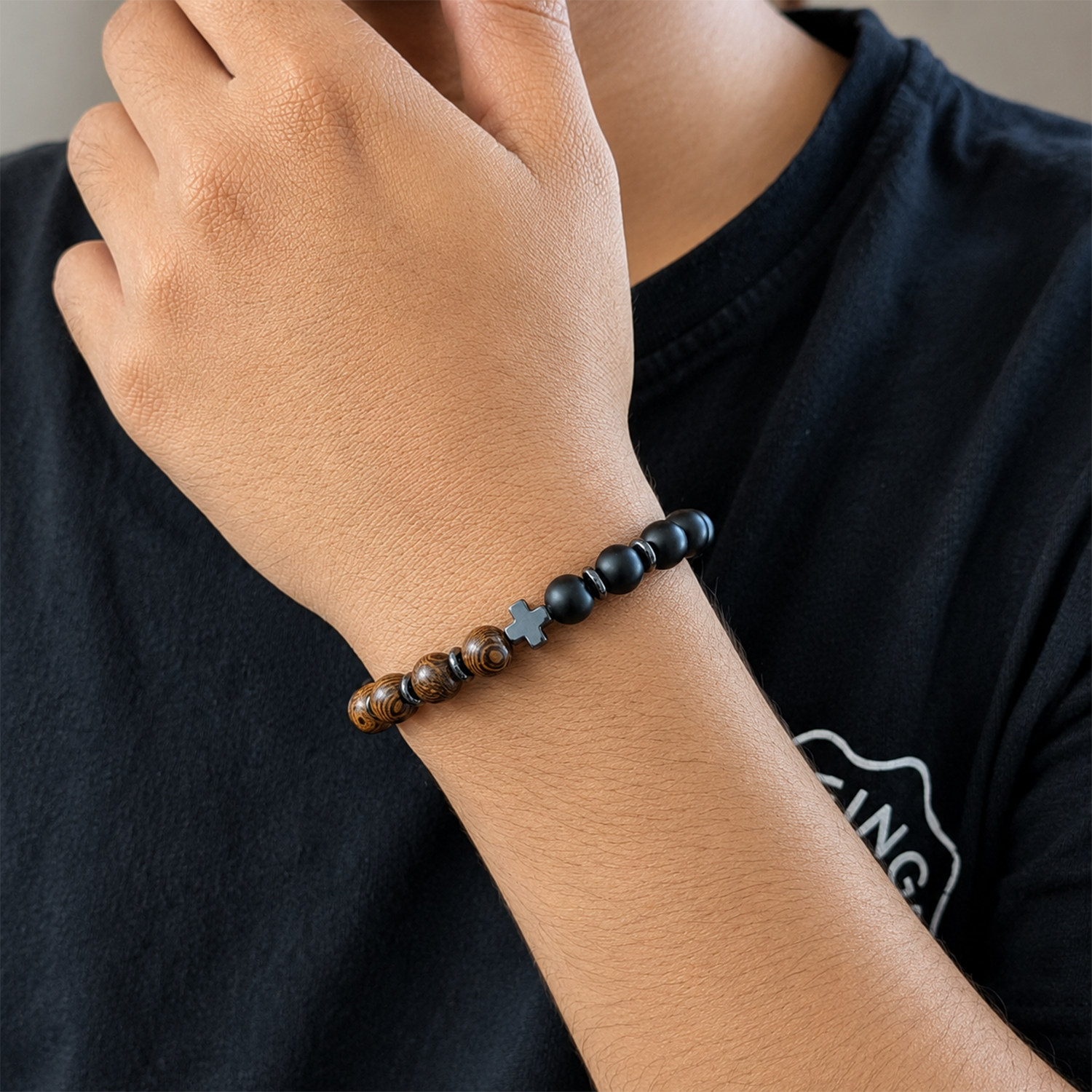 Wooden & Matte Onyx Bead Bracelet for Men & Boys